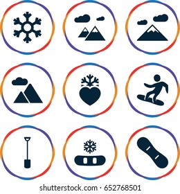 Snow icons set. set of 9 snow filled icons such as shovel, heart frozen, mountain, snowflake, snowboard