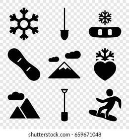 Snow icons set. set of 9 snow filled icons such as shovel, heart frozen, mountain, snowflake, snowboard