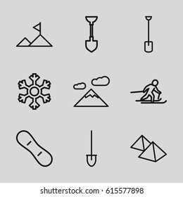 Snow icons set. set of 9 snow outline icons such as shovel, snowflake, mountain, skiing