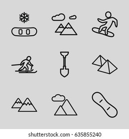 Snow icons set. set of 9 snow outline icons such as shovel, mountain, skiing, snowboard, snow board