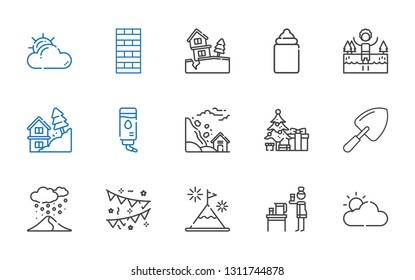 snow icons set. Collection of snow with cloudy, water, mountain, garlands, snowing, shovel, christmas tree, landslide, lake, feeder, chimney. Editable and scalable snow icons.