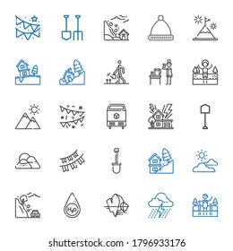 snow icons set. Collection of snow with cold water, storm, iceberg, water, landslide, cloudy, shovel, garlands, mountain, ice, lake, watering. Editable and scalable snow icons.