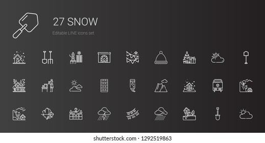 snow icons set. Collection of snow with landslide, storm, garlands, cold water, iceberg, snowing, mountain, water, chimney, cloudy, christmas tree. Editable and scalable snow icons.