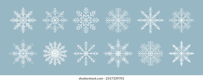 Snow Icons. Snowflakes Vector Icons. Snowflake variations icon collection. Snowflakes white ice crystal on blue background. Winter symbol. Christmas logo sign. 