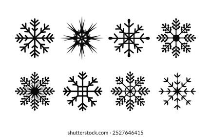 Schnee-Symbole. Schneeflocken, Vektorsymbole. Symbol für Winterschnee oder Schneeflocke. Schwarz-weißes Schneesymbol. Schnee, Schneeflocken.
