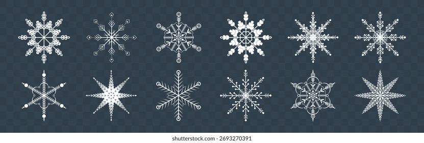 Ícones de neve, Vetor flocos de neve plana cristais de neve ícones, sinal de férias de inverno e Natal, Ornamento de flocos de neve congelados.