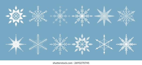 Snow icons, Vector flat snowflakes snow crystals icons, sign of winter and Christmas holidays, Ornament of frozen snowflakes.