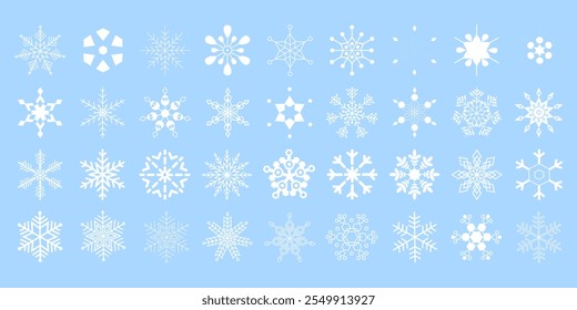 Snow icons. White snowflakes on a blue background. Vector snowflake icons. Winter Icons. Snow or snowflake symbol. Snow. Snowflakes.