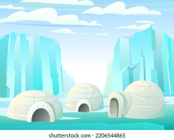 Snow igloo house. Ice landscape. Dwelling of northern nomadic peoples in Arctic. From ice and snow blocks. illustration vector