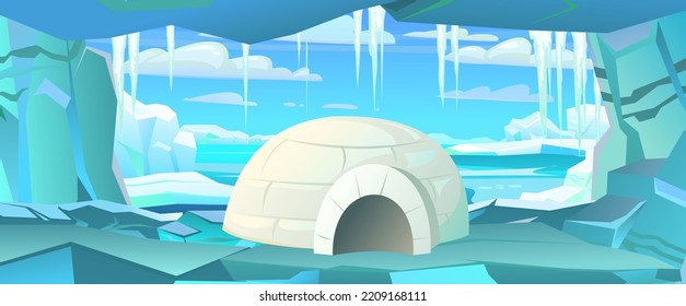 Snow igloo house. Ice landscape. Dwelling of northern nomadic peoples in Arctic. From ice and snow blocks. illustration vector
