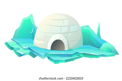 Snow igloo house on ice. Dwelling of northern nomadic peoples in Arctic. From ice and snow blocks. Isolated on white background. illustration vector