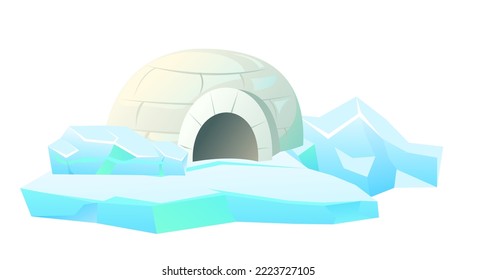Snow igloo house on ice. Dwelling of northern nomadic peoples in Arctic. From ice and snow blocks. Isolated on white background. illustration vector.