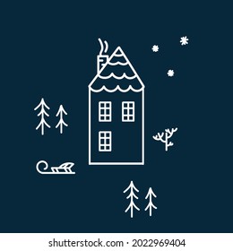 Snow illustration with Christmas houses. Christmas scene house in a circle of snow. A poster for Christmas and New Year. Vector illustration