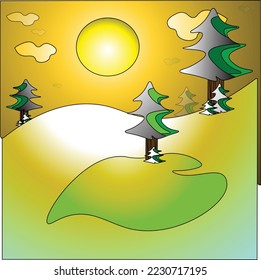 Snow illustration drawing, landscape, snowy. snow season. happy new year. 