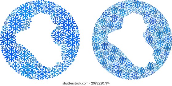 Snow Iraq map mosaic formed with circle and carved shape. Vector Iraq map composition of snow parts in different sizes and blue color hues. Designed for winter promotion.