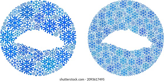 Snow Isla La Tortuga map collage formed with circle and cut out shape. Vector Isla La Tortuga map collage of snowflake ojects in various sizes and blue color tints. Created for winter concepts.