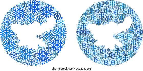 Snow Jharkhand State map mosaic created with circle and subtracted space. Vector Jharkhand State map collage of snow parts in variable sizes and blue color tints. Created for winter promotion.