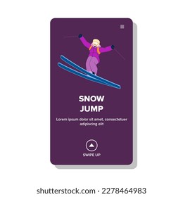snow jump vector. winter active, cold mountain, travel lifestyle, fun sky, downhill snow jump web flat cartoon illustration