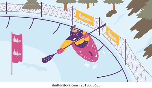 Snow kayaking competition. A man in a kayak glides along a special track, holding a two-blade paddle. Winter landscape with fir trees. Extreme sport. Active recreation. Vector illustration.