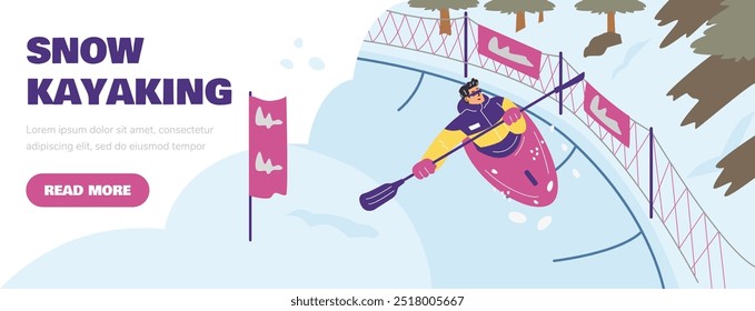 Plantilla de diseño de página de aterrizaje de kayak de nieve. Deporte de invierno. Deportista deslizante con paleta en kayak en tobogán de hielo. Servicio de actividad náutica, ocio deportivo extremo. Ilustración vectorial de dibujos animados