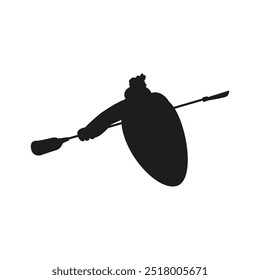 Snow kayaking. A man sits in a kayak and holds a two-blade paddle. Black silhouette. Extreme sport. Winter tourism. Active recreation. Vector illustration isolated on white background.