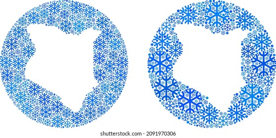 Snow Kenya map mosaic is formed with circle and stencil. Vector Kenya map mosaic of snow parts in different sizes and blue color hues. Designed for Christmas projects.
