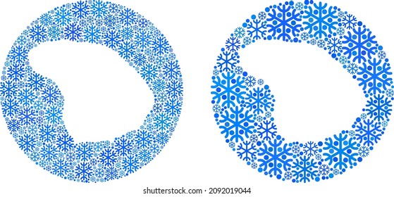 Snow Lanai Island map collage is created with sphere and subtracted space. Vector Lanai Island map collage of snow items in different sizes and blue color hues. Created for Christmas applications.