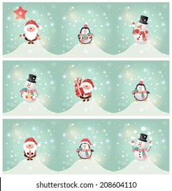 Snow landscape background with christmas character. Vector illustration for retro christmas card.