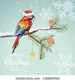 Snow landscape background with cute bird on branch. Vector illustration for retro Christmas card. Happy new year background