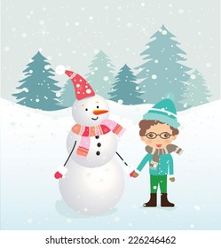Snow landscape background with cute boy and snowman. Vector illustration for retro christmas card.