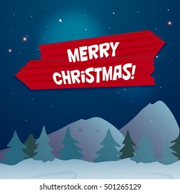 Snow landscape background. Merry christmas colorful card design, red wood banner