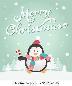 Snow landscape background with penguin. Vector illustration for retro Christmas card.