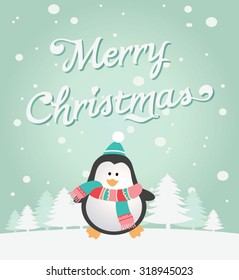 Snow landscape background with penguin. Vector illustration for retro Christmas card.