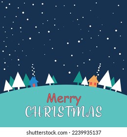 Snow landscape background. Retro Merry Christmas greeting card