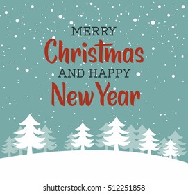 Snow landscape background. Retro Merry Christmas greeting card.
