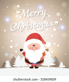 Snow landscape background with Santa Claus. Vector illustration for retro Christmas card.