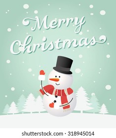 Snow landscape background with Santa Claus. Vector illustration for retro Christmas card.