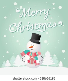 Snow landscape background with Snowman. Vector illustration for retro Christmas card.