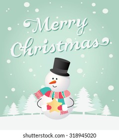 Snow landscape background with Snowman. Vector illustration for retro Christmas card.