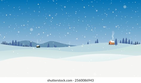 Snow Landscape Background Vector, Snow land with distance houses, winter background snow fall illustration