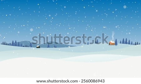 Snow Landscape Background Vector, Snow land with distance houses, winter background snow fall illustration