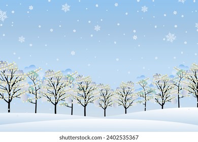 Paisaje de nieve con decoraciones de árboles de Navidad luces sobre fondo helado azul con nieve y copos de nieve espacio de copia 3d diseño de acuarela fondo 