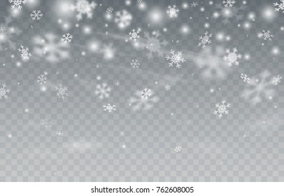 Snow landscape with falling snowflakes isolated on transparent background. Snowfall winter sky. Cold snow flake fall effect. Vector snowstorm overlay pattern for snow winter, Christmas design.