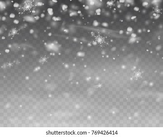Snow landscape with falling snowflakes isolated on transparent background. Snowfall winter sky. Cold snow flake fall effect. Vector snowstorm overlay pattern for winter, Christmas or New Year design