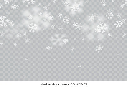 Snow landscape with falling snowflakes isolated on transparent background. Snowfall winter sky. Cold snow flake fall effect. Vector snowstorm overlay pattern for winter, Christmas or New Year design