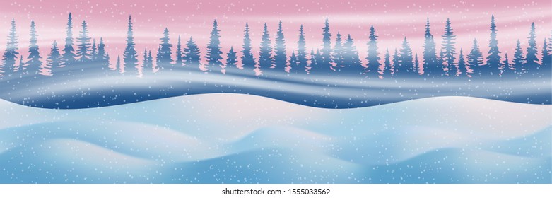 Snow landscape, forest and blizzard. Sunset light. Festive Christmas background.