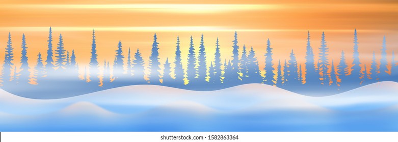 Snow landscape, forest and blizzard. Sunset light. Festive Christmas background.