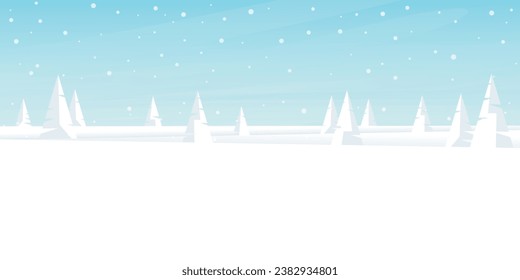 Snow landscape with geometric pine forest and snowfall on blue sky background have blank space. Merry Xmas and Happy New Year greeting card vector illustration template.