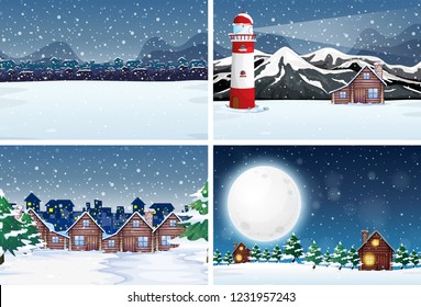 Snow landscape at night illustration