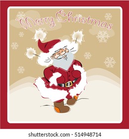 Snow landscape with Santa Claus,snowflakes.Red retro background. Vector illustration